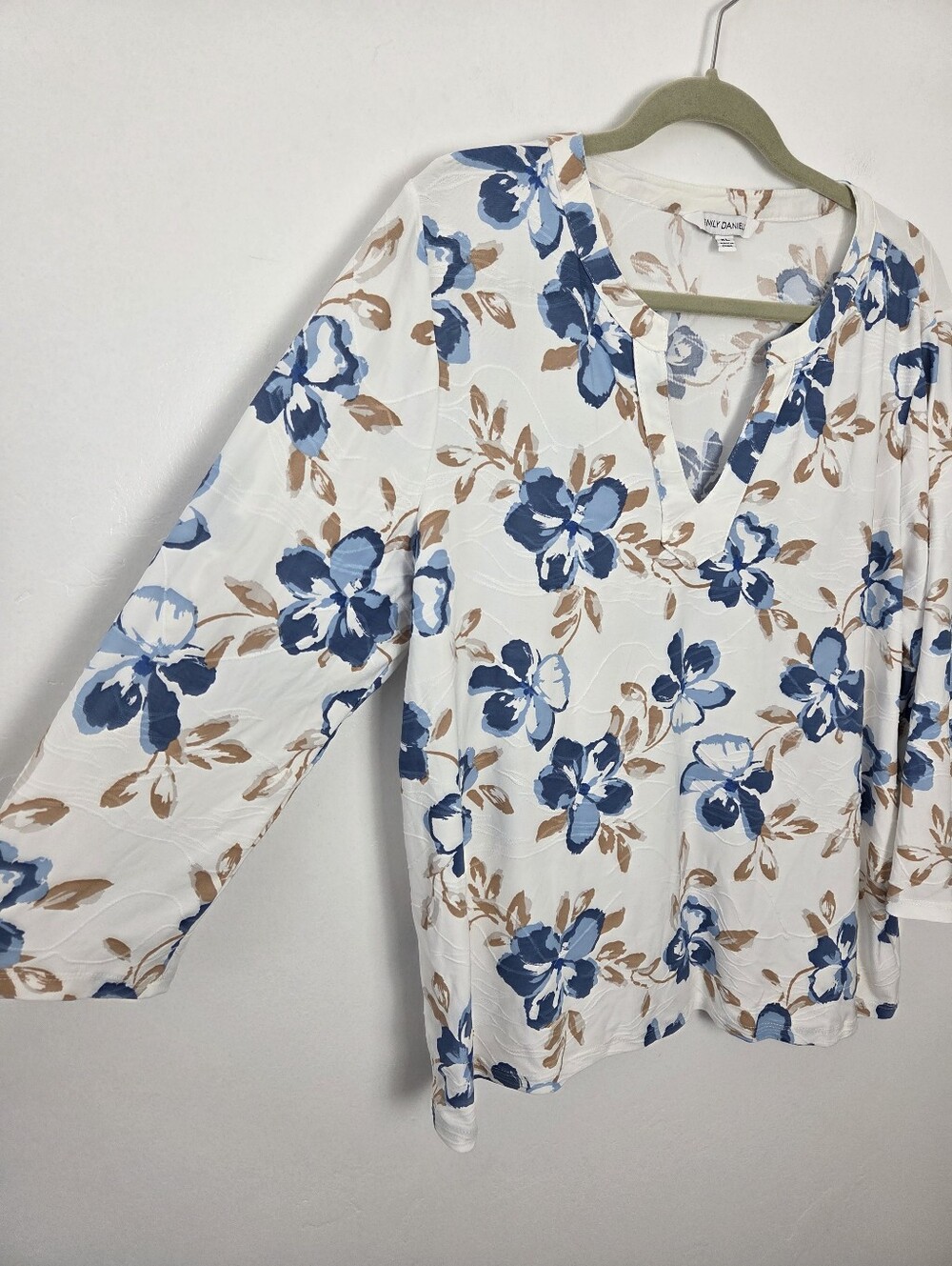 Emily Daniels Blue Floral Knit Top Notched Collar Modest Casual Teacher XL
